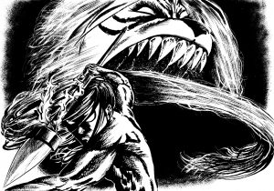Una fanart del manga "Ushio e Tora" in bianco e nero a china