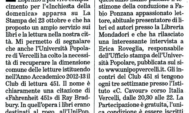 “LA POSTA DEI LETTORI” de LA STAMPA di Vercelli del 28/10/2016